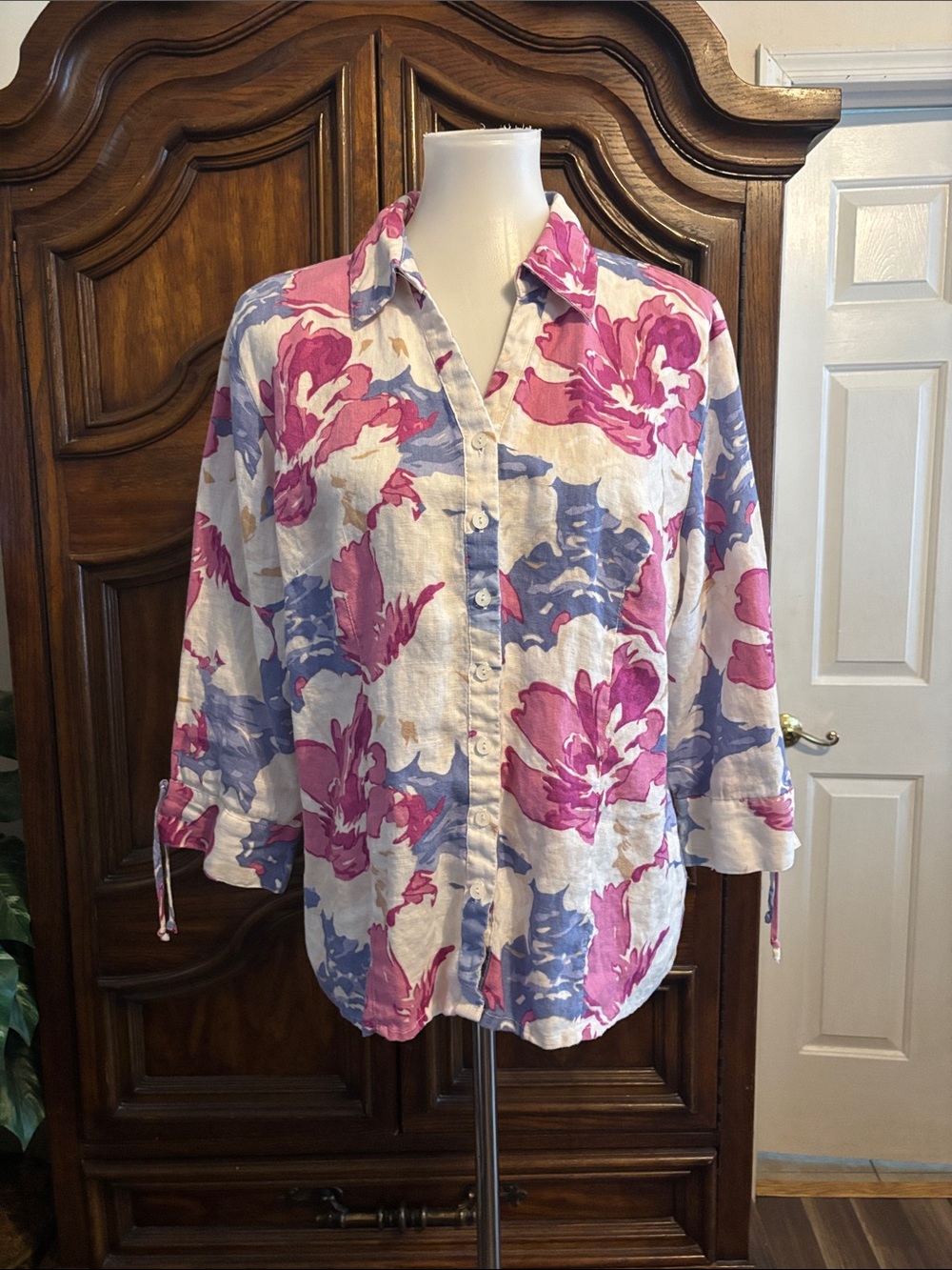 JM Collection pink and blue floral linen shirt